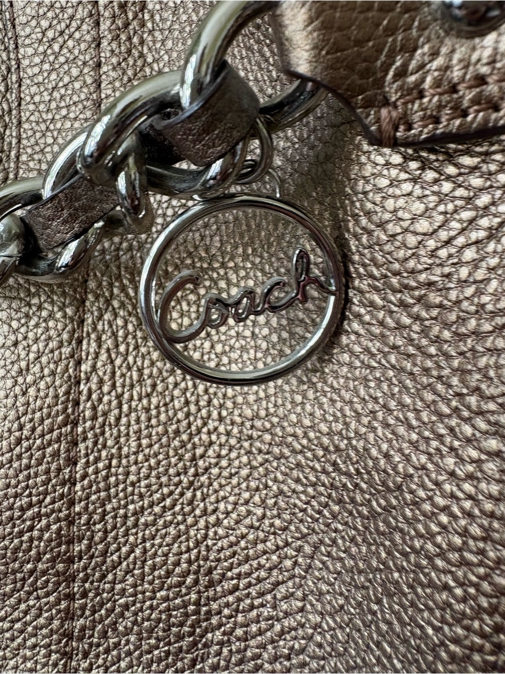 Coach Metallic Bronze Pebbled Leather Hobo Shoulder Bag with Chain Charm - Picture 9 of 13